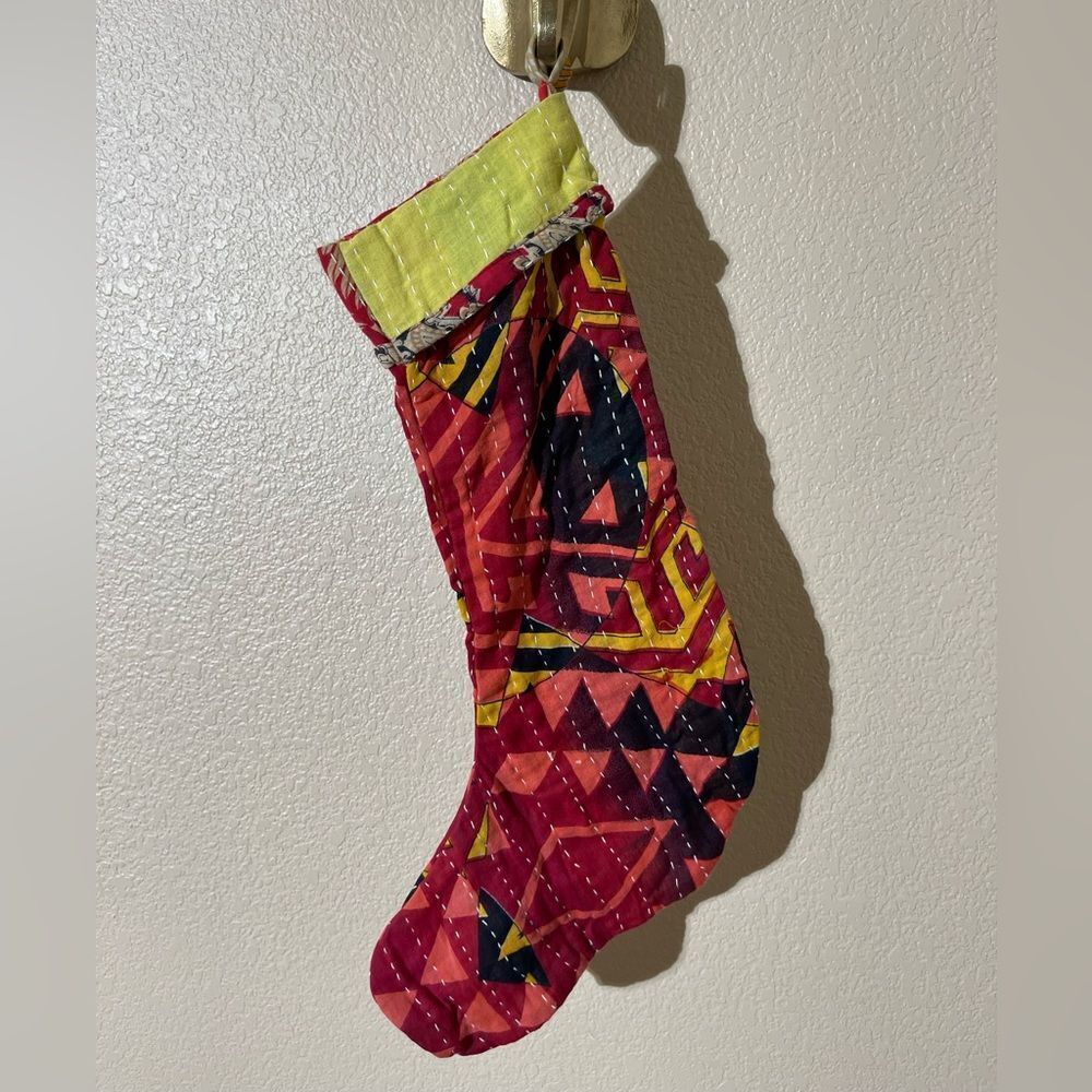Kantha Festive Red and Yellow Holiday Stocking